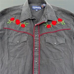 Western Grey Black Pearl Rose Embroidered Shirt